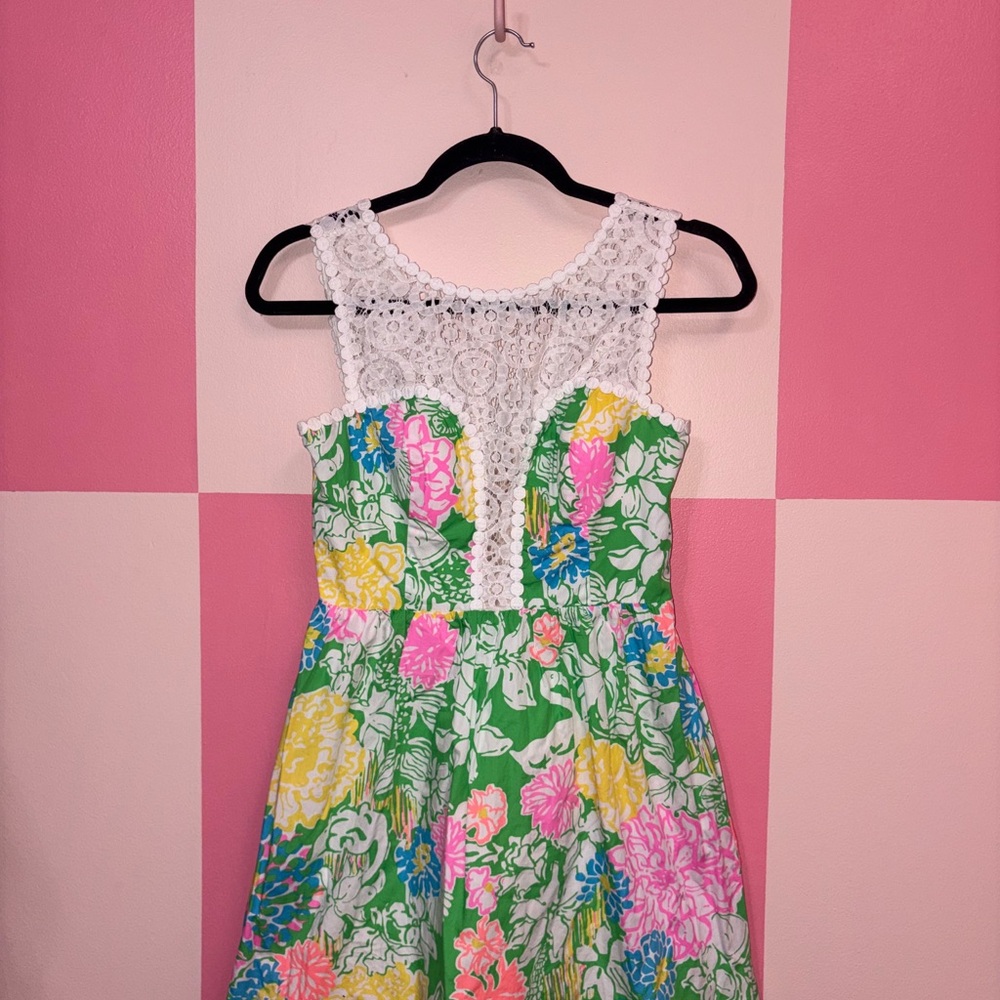 Lilly Pulitzer White Lace-Top Floral Dress in Green, Pink & Yellow